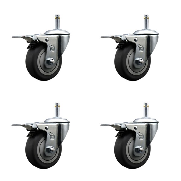 4'' Thermo Rubber Swivel 7/16'' Stem Caster Set with Total Lock Brake, 4PK